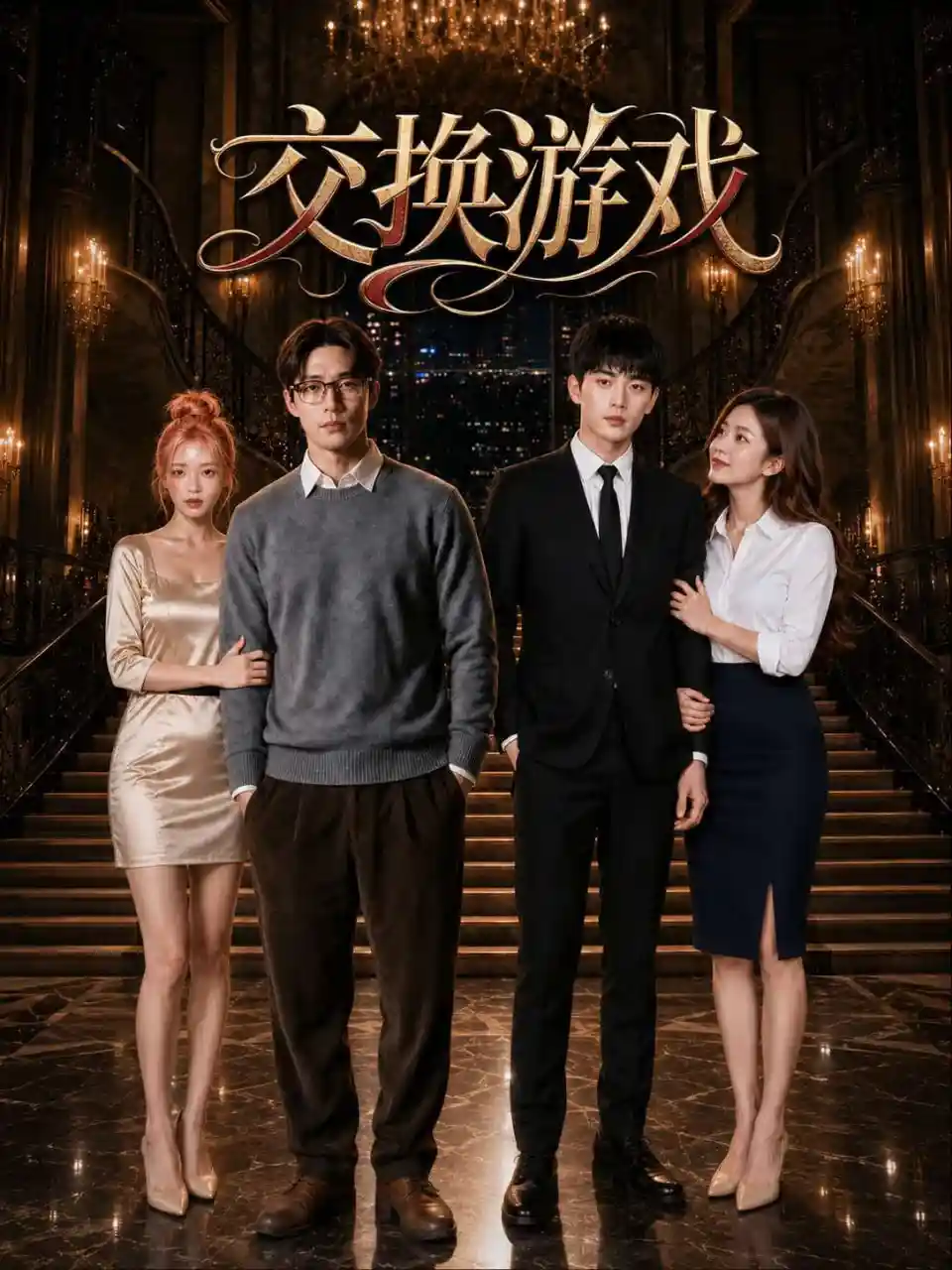 《交换游戏》短剧竖版海报，现代室内的四人关系群像